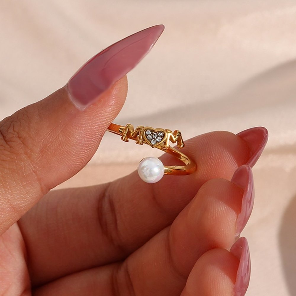 Mom Adjustable Pearl Zircon Heart Stackable Ring 18K Gold Plated Stainless Steel - Picture 4 of 11